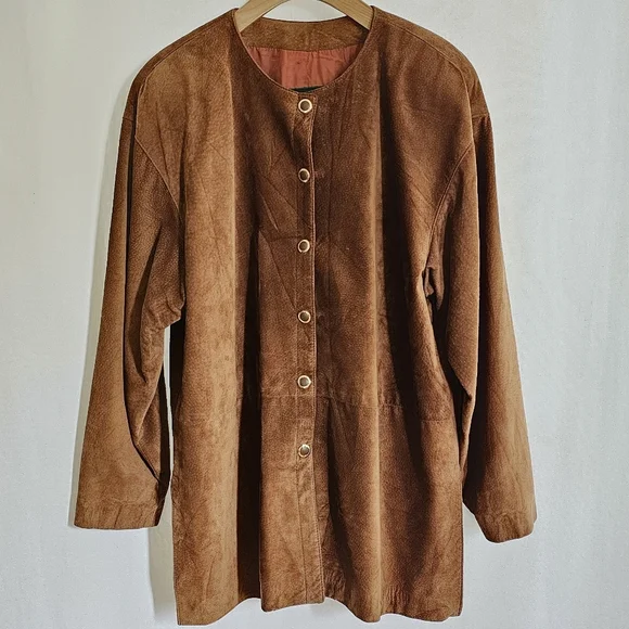 🇨🇦 Danier Leather Tobacco Brown Suede Button Long Coat Jacket - Picture 2 of 15